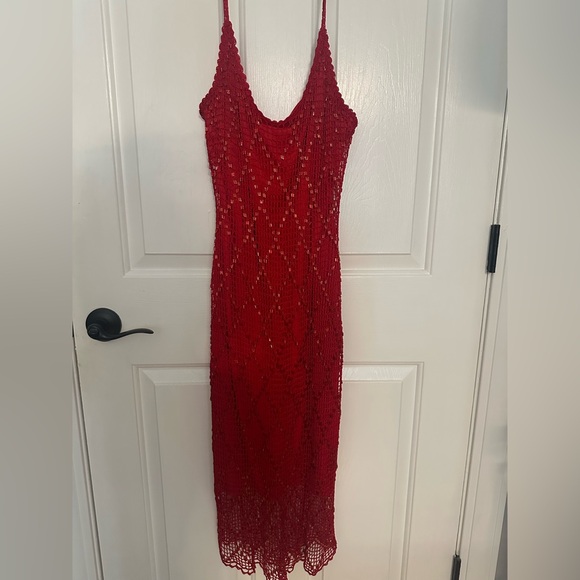 Caché Red Crochet Embroidered Midi Dress - Picture 1 of 5
